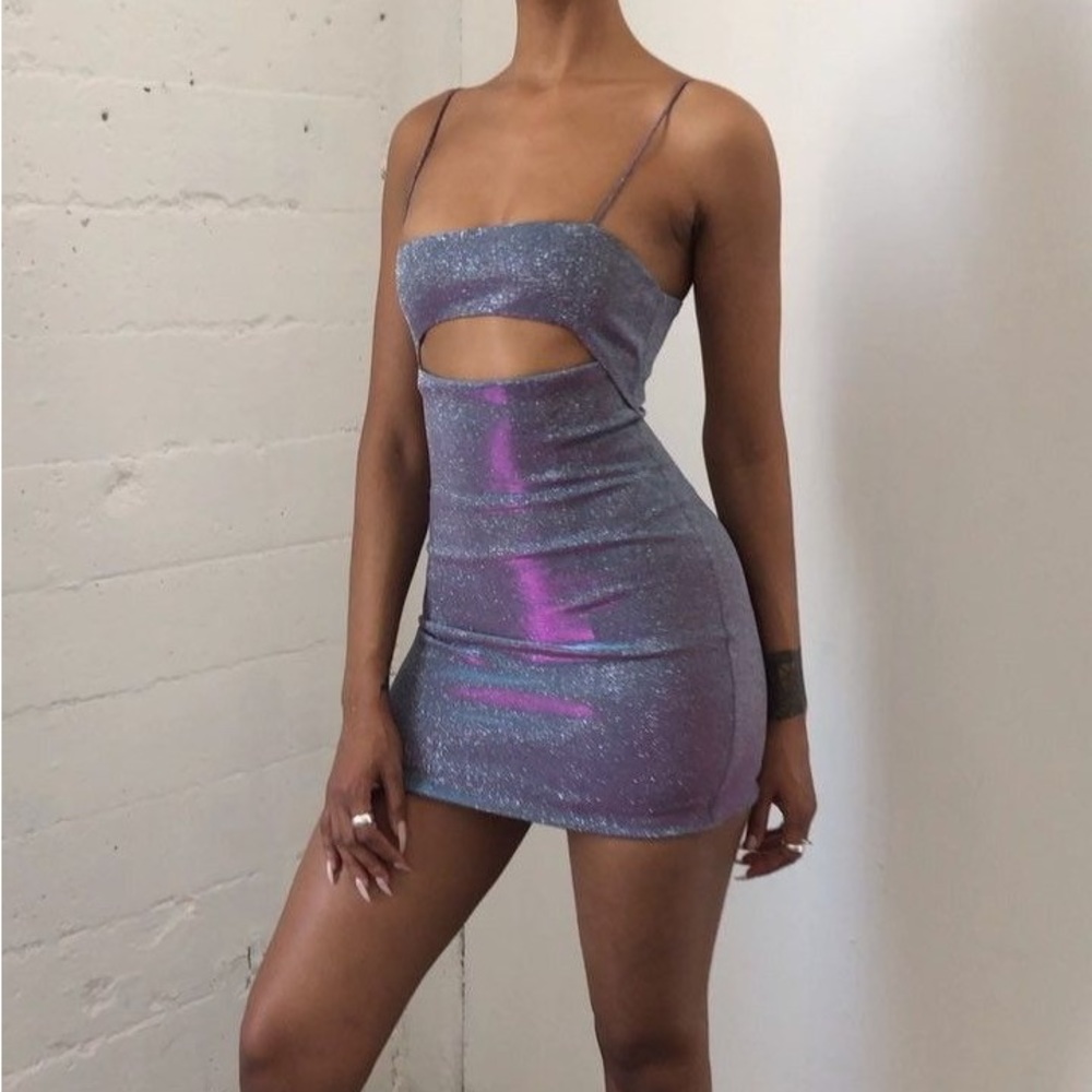 Mistress Rocks Creed Lilac Rainbow Sparkle Bodycon Cutout Mini Dress Size Small